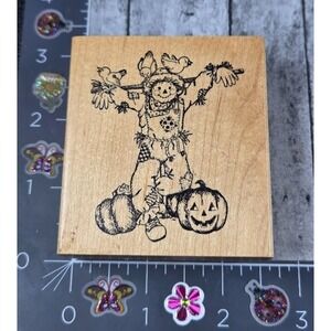 Delafield Scarecrow Pumpkins Birds Fall H759 Rubber Stamp Wood #P28